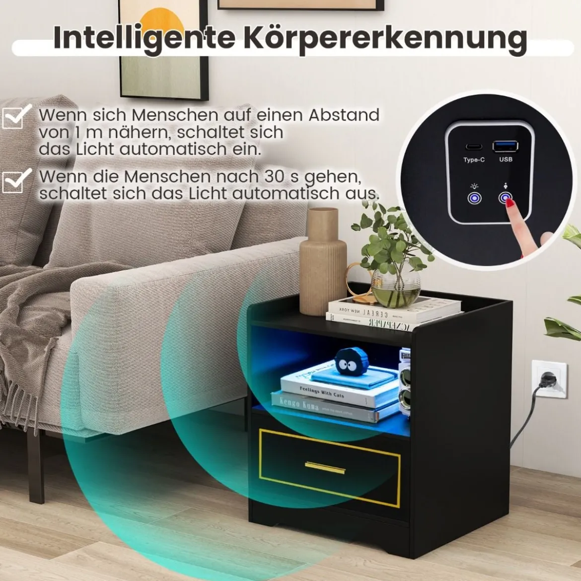 Nachttisch mit LED Licht USB-Anschluss und Typ-C-Ladestation Nachtschrank mit Bewegungssensor Schwarz