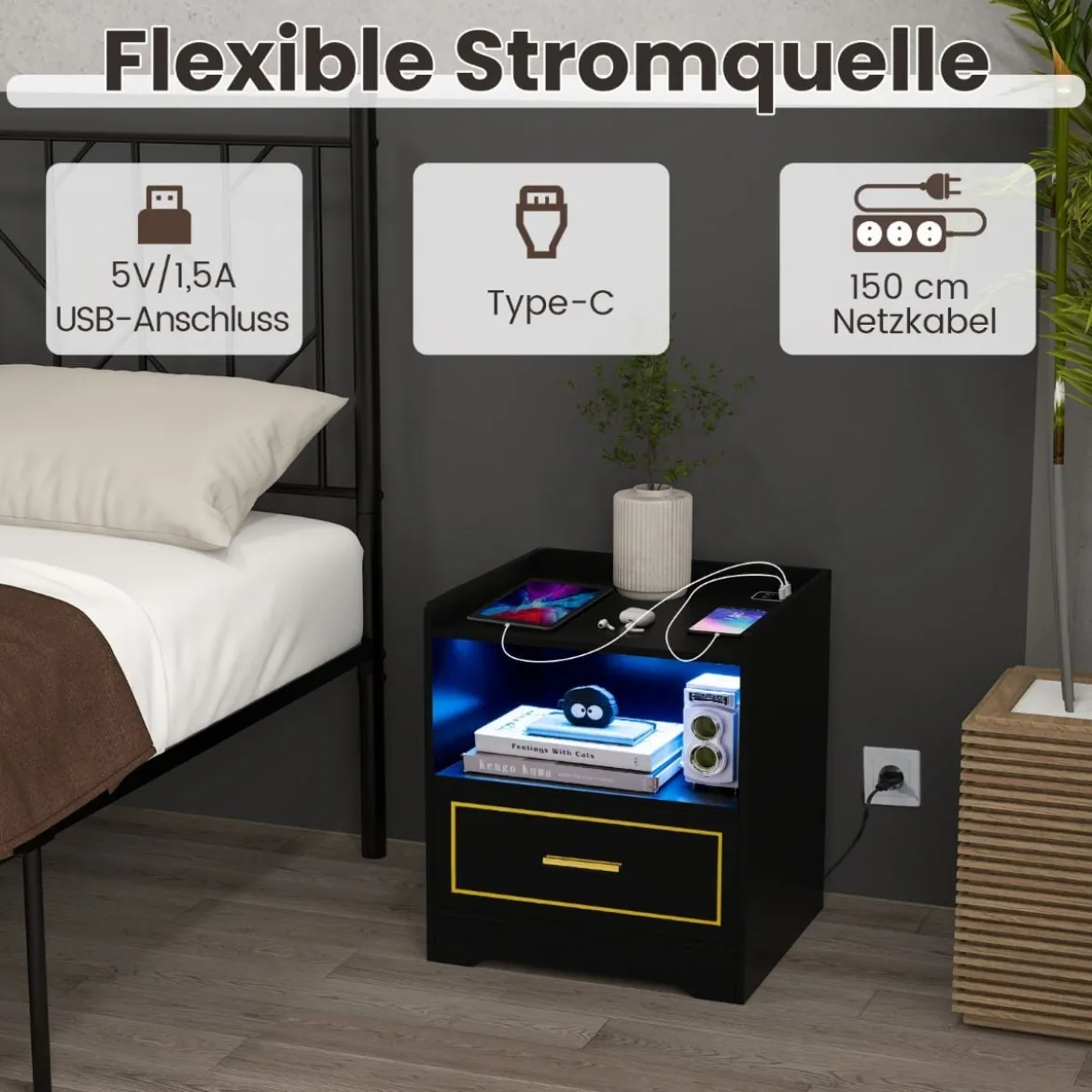 Nachttisch mit LED Licht USB-Anschluss und Typ-C-Ladestation Nachtschrank mit Bewegungssensor Schwarz