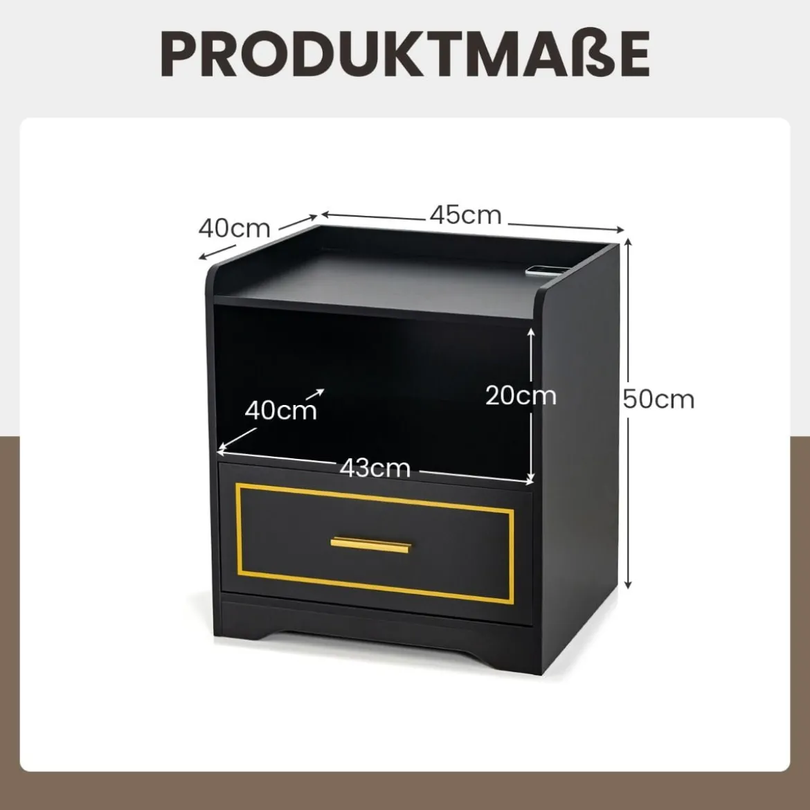 Nachttisch mit LED Licht USB-Anschluss und Typ-C-Ladestation Nachtschrank mit Bewegungssensor Schwarz