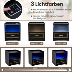 Nachttisch mit LED Licht USB-Anschluss und Typ-C-Ladestation Nachtschrank mit Bewegungssensor Schwarz