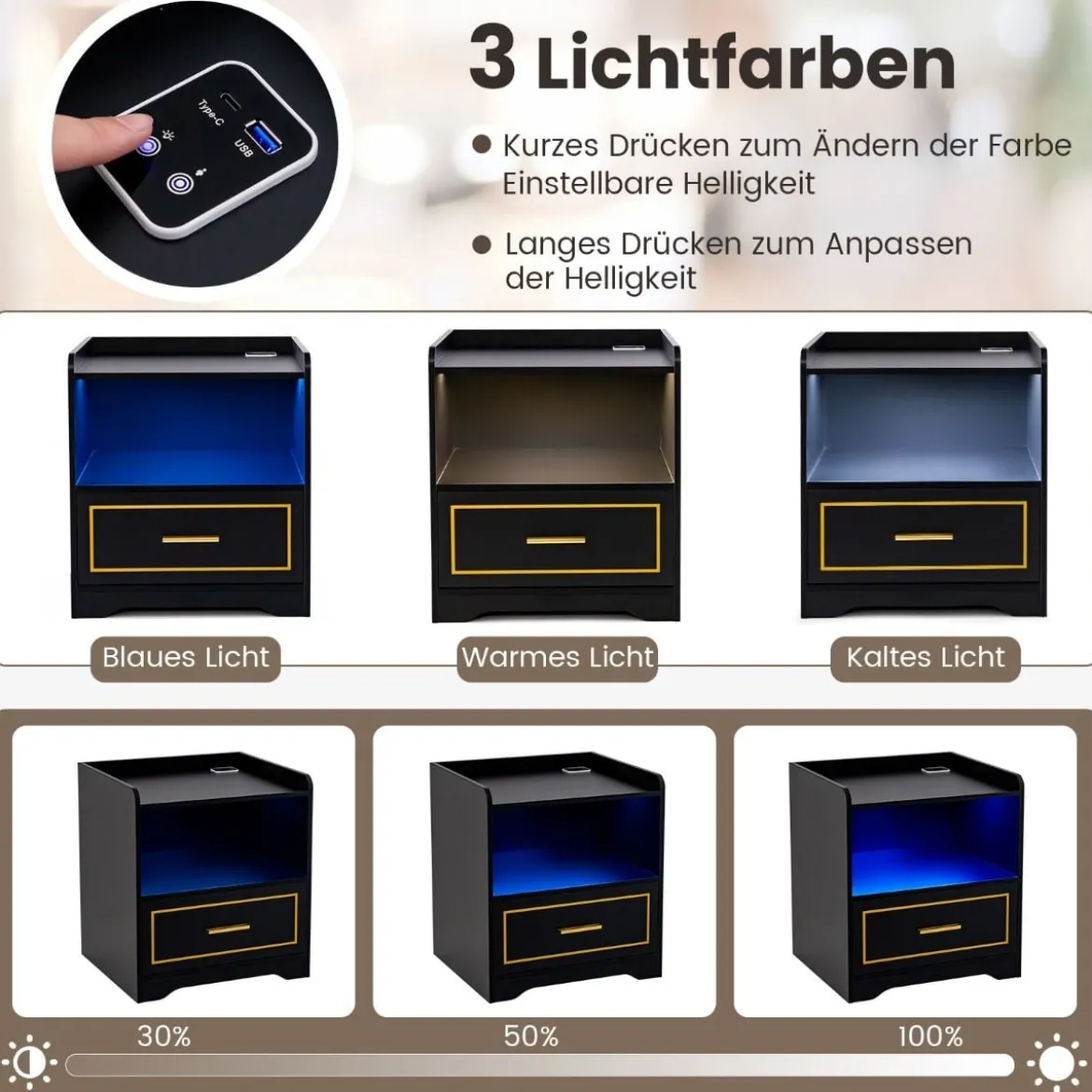 Nachttisch mit LED Licht USB-Anschluss und Typ-C-Ladestation Nachtschrank mit Bewegungssensor Schwarz