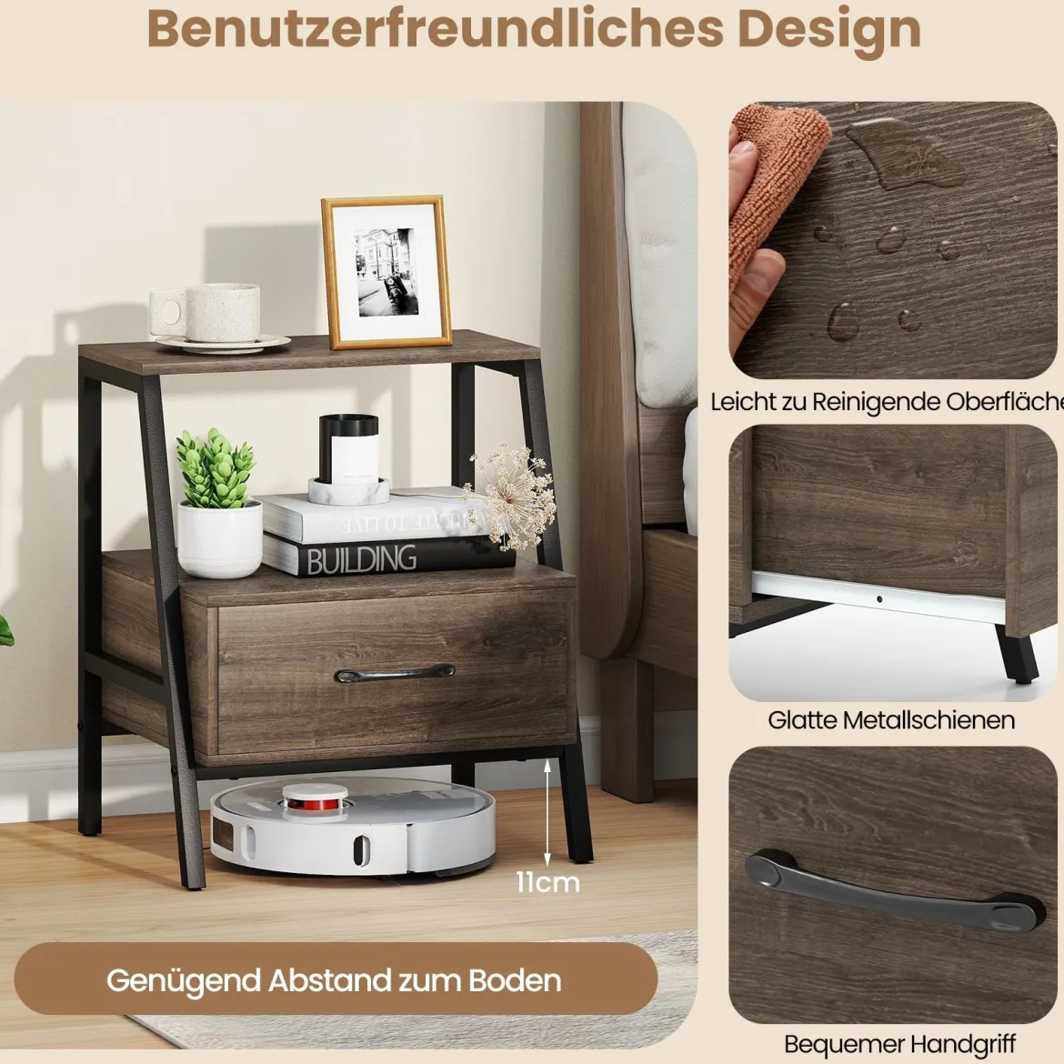 Nachttisch mit Schublade Beistelltisch mit offnem Regal und Metallrahmen Sofatisch Nachtkommode für Wohnzimmer 45 x 35 x 52,5 cm