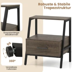 Nachttisch mit Schublade Beistelltisch mit offnem Regal und Metallrahmen Sofatisch Nachtkommode für Wohnzimmer 45 x 35 x 52,5 cm