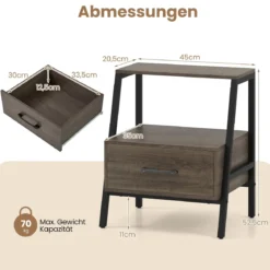 Nachttisch mit Schublade Beistelltisch mit offnem Regal und Metallrahmen Sofatisch Nachtkommode für Wohnzimmer 45 x 35 x 52,5 cm