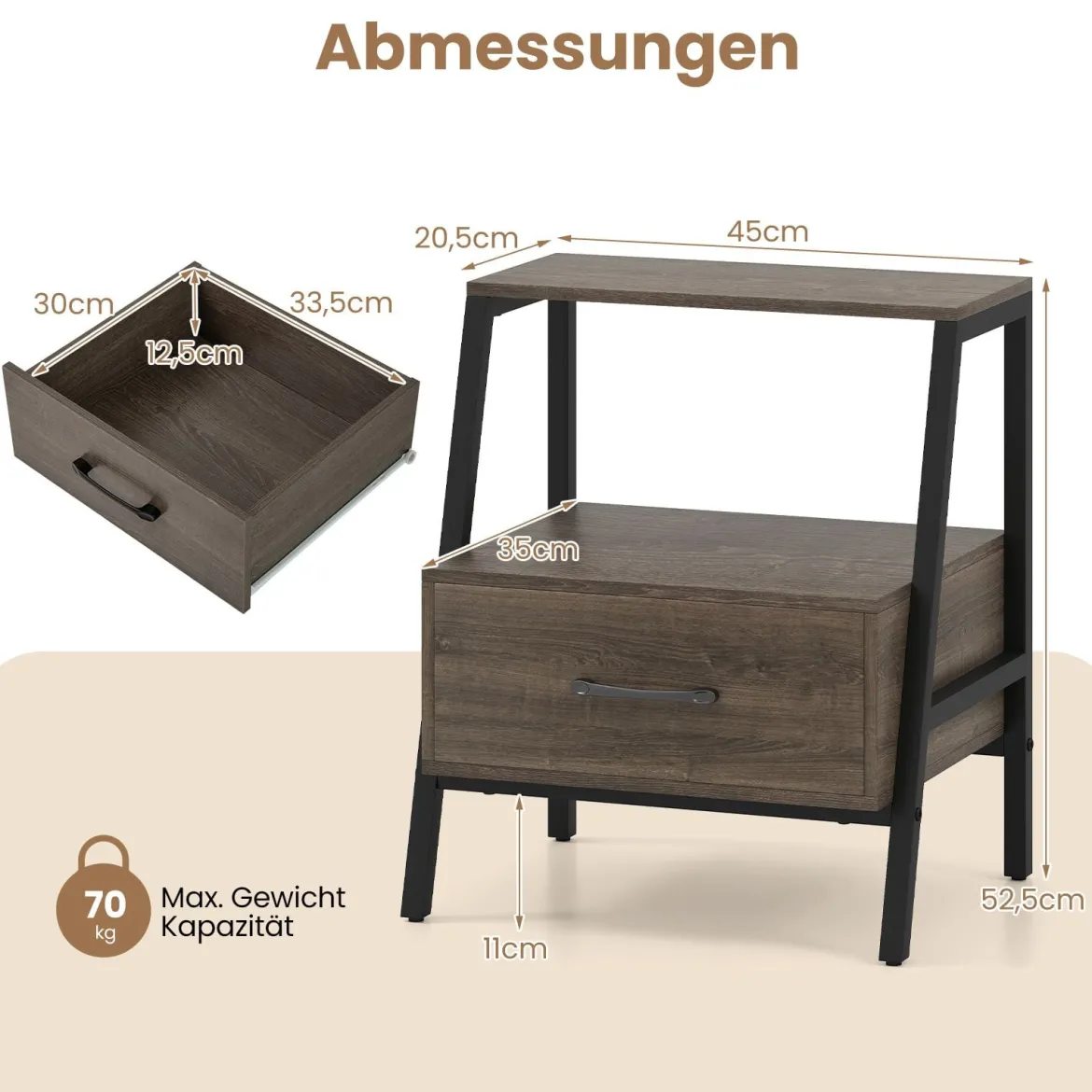 Nachttisch mit Schublade Beistelltisch mit offnem Regal und Metallrahmen Sofatisch Nachtkommode für Wohnzimmer 45 x 35 x 52,5 cm