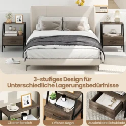Nachttisch mit Schublade Beistelltisch mit offnem Regal und Metallrahmen Sofatisch Nachtkommode für Wohnzimmer 45 x 35 x 52,5 cm