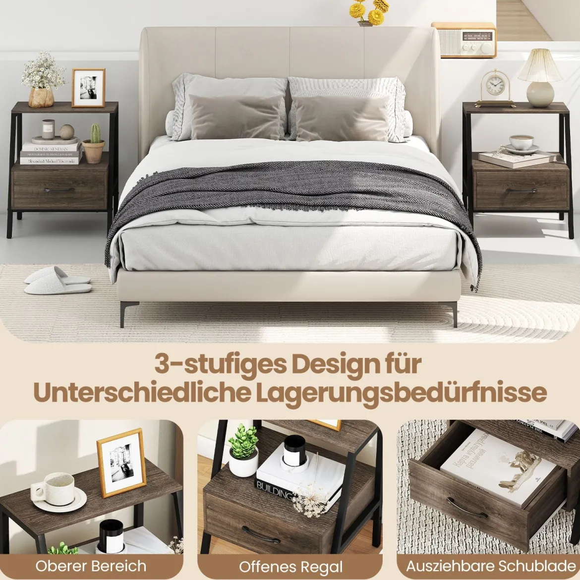 Nachttisch mit Schublade Beistelltisch mit offnem Regal und Metallrahmen Sofatisch Nachtkommode für Wohnzimmer 45 x 35 x 52,5 cm