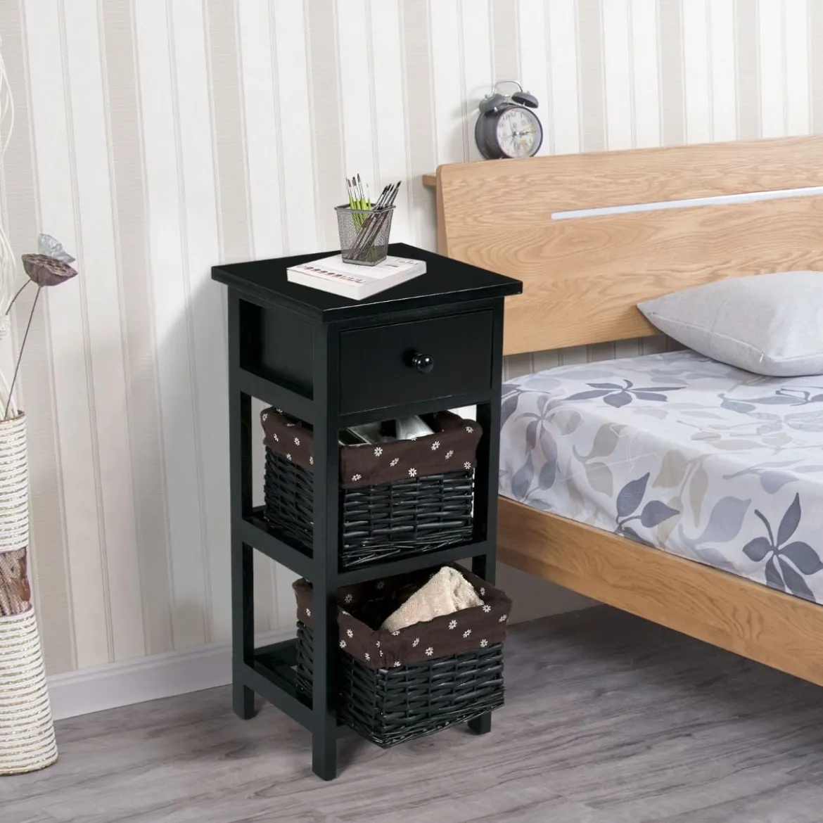 Nachttisch mit Schublade Beistelltisch Korbkommode28 x 26 x 60 cm Schwarz + Braun