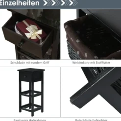 Nachttisch mit Schublade Beistelltisch Korbkommode28 x 26 x 60 cm Schwarz + Braun