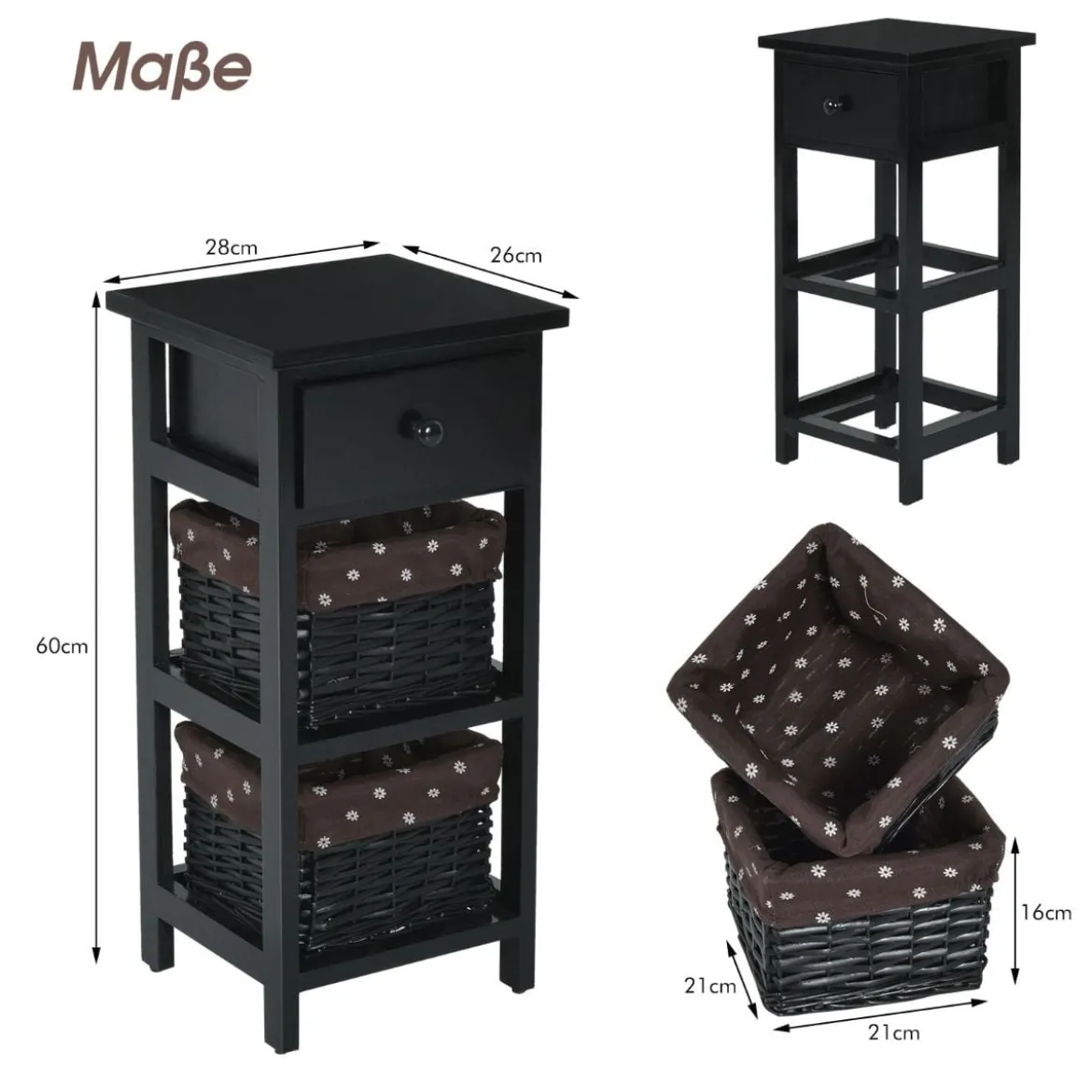 Nachttisch mit Schublade Beistelltisch Korbkommode28 x 26 x 60 cm Schwarz + Braun