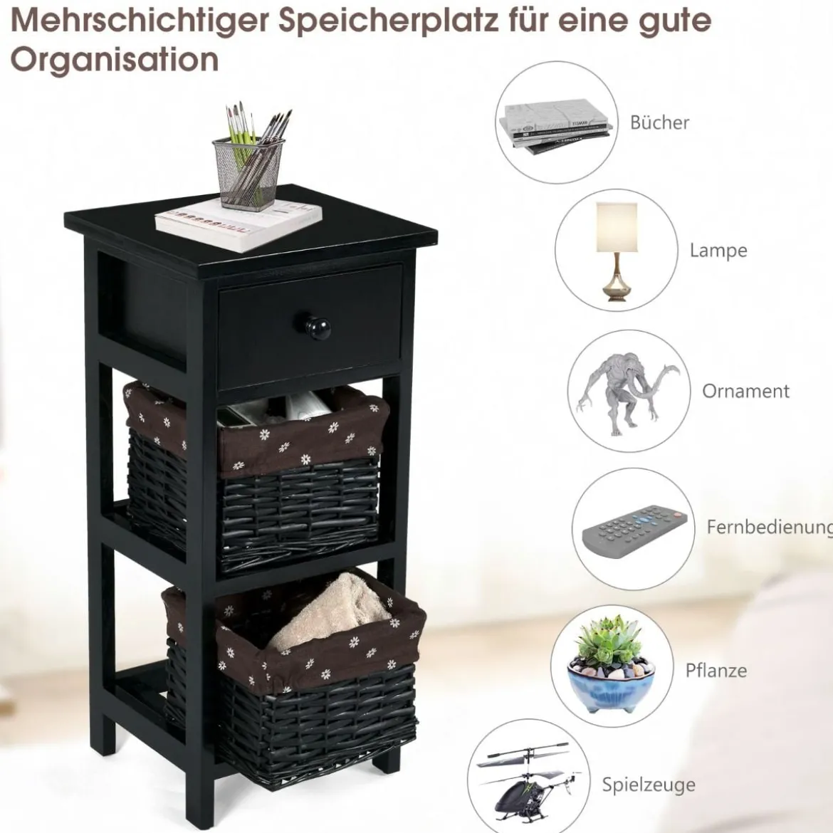 Nachttisch mit Schublade Beistelltisch Korbkommode28 x 26 x 60 cm Schwarz + Braun