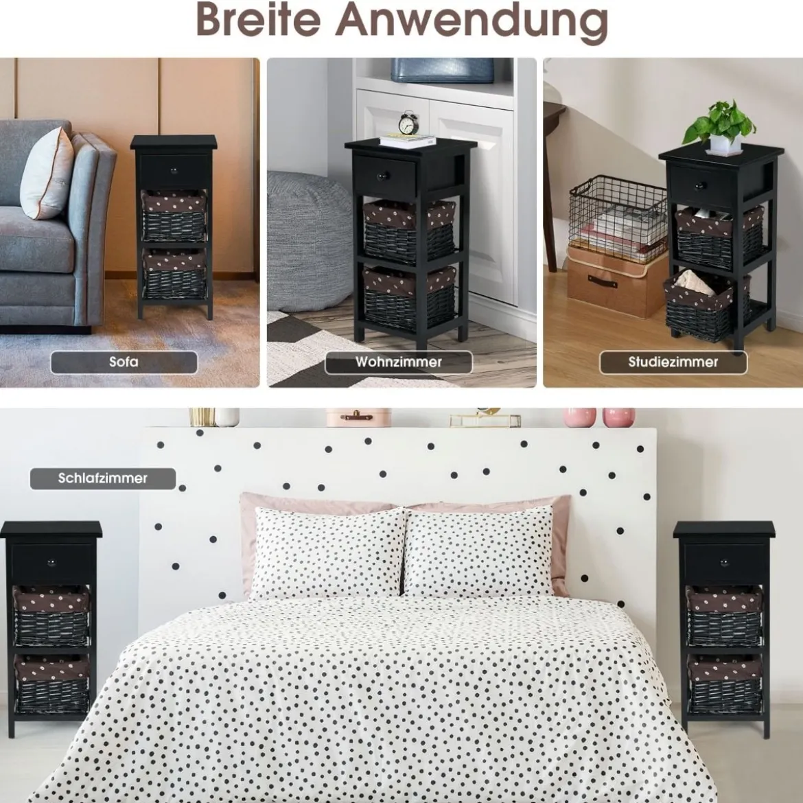 Nachttisch mit Schublade Beistelltisch Korbkommode28 x 26 x 60 cm Schwarz + Braun
