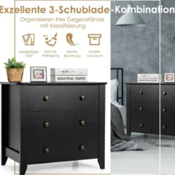 Nachttisch mit 3 Schubladen Beistelltisch mit Griffen aus Holz 71 x 46 x 66 cm Schwarz