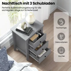 Nachttisch mit 3 Schubladen Großer Stauraum & Stabile Struktur Nachttisch Grau