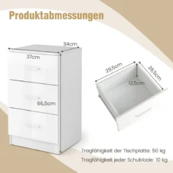 Nachttisch mit 3 Schubladen Hochglanz Nachtschrank 37,1 x 34,2 x 66,5 cm Weiß