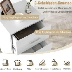 Nachttisch mit 3 Schubladen Hochglanz Nachtschrank 37,1 x 34,2 x 66,5 cm Weiß