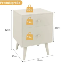 Nachttisch mit 2 Schubladen Holzkommode Beistelltisch 45 x 39,5 x 62 cm Weiß