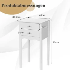 Nachttisch mit 2 Schubladen & Kippsicherung Moderner Beistelltisch 40 x 32 x 75 cm Weiß