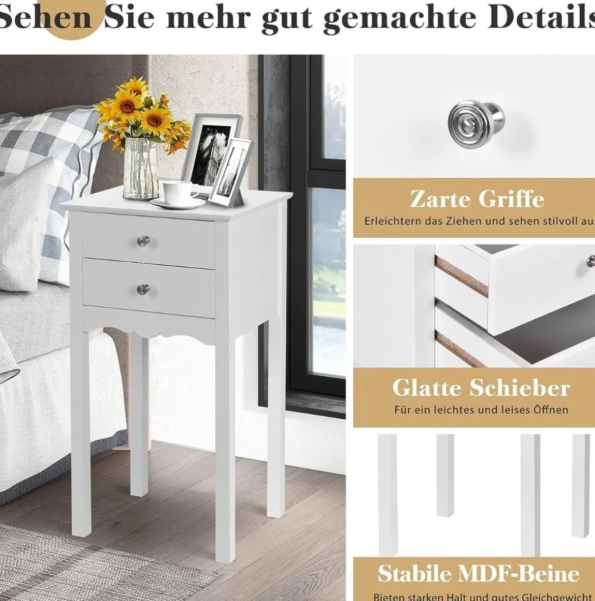 Nachttisch mit 2 Schubladen & Kippsicherung Moderner Beistelltisch 40 x 32 x 75 cm Weiß