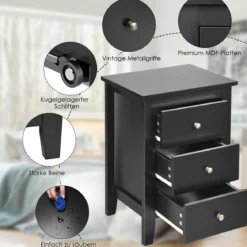 Nachttisch mit 3 Schubladen Nachtschrank für Boxspringbett 46 x 37 x 65 cm Schwarz