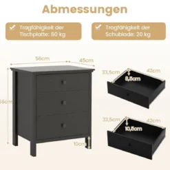 Nachttisch mit 3 Schubladen Nachtschrank für Boxspringbett 56 x 45 x 66 cm Schwarz