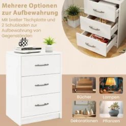 Nachttisch mit 3 Schubladen Nachtschrank für Boxspringbett 38,5 x 28 x 54 cm Weiß