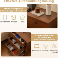 Nachttisch mit 3 Schubladen Nachtschrank für Boxspringbett 56 x 45 x 66 cm Walnuss