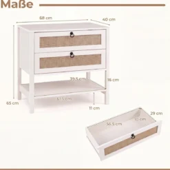 Nachttisch mit 2 Schubladen Offenem Regal & Rattan-Fronten 68 x 40 x 65 cm Weiß
