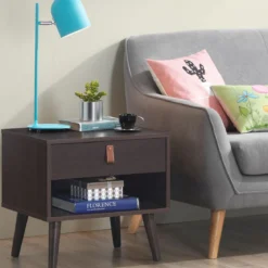 Nachttisch mit Schublade und Regal Beistelltisch mit starken Holzbeinen Nachttisch Retro-Design Braun
