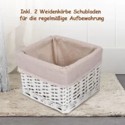 Nachttisch mit Schublade und 2 Aufbewahrungskörben Beistelltisch Korbkommode Weiß