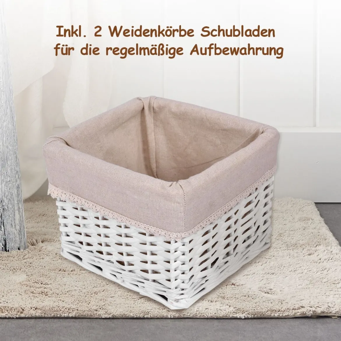 Nachttisch mit Schublade und 2 Aufbewahrungskörben Beistelltisch Korbkommode Weiß