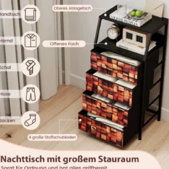 Nachttisch mit 4 Stoff-Schubladen & Offenes Fach Industriell Beistelltisch Nachtschrank Braun