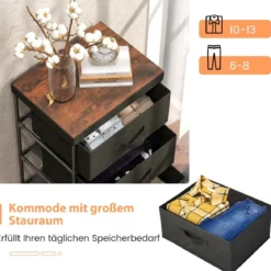 Nachttisch mit Stoffschubladen Beistelltisch mit Metallrahmen Stoffkommode Kleiderkommode