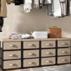 Nachttisch mit Stoffschubladen Beistelltisch mit Metallrahmen Stoffkommode Kleiderkommode