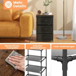 Nachttisch mit Stoffschubladen Beistelltisch mit Metallrahmen Stoffkommode Kleiderkommode