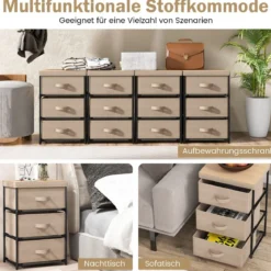 Nachttisch mit Stoffschubladen Beistelltisch mit Metallrahmen Stoffkommode Kleiderkommode