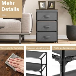 Nachttisch mit Stoffschubladen Beistelltisch mit Metallrahmen Stoffkommode Kleiderkommode