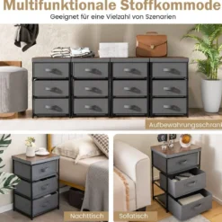 Nachttisch mit Stoffschubladen Beistelltisch mit Metallrahmen Stoffkommode Kleiderkommode