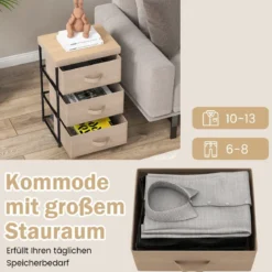 Nachttisch mit Stoffschubladen Beistelltisch mit Metallrahmen Stoffkommode Kleiderkommode