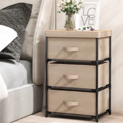 Nachttisch mit Stoffschubladen Beistelltisch mit Metallrahmen Stoffkommode Kleiderkommode