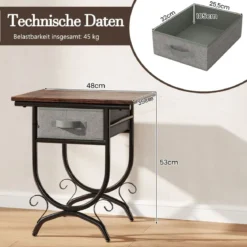 Nachttisch mit Stoffschublade Beistelltisch mit Metallrahmen Sofatisch Nachtkommode 48 x 35 x 53 cm