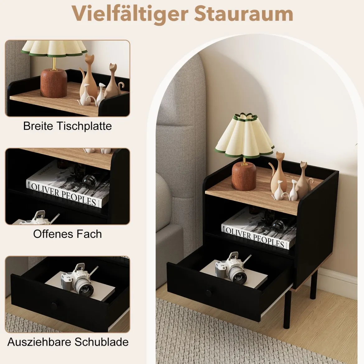 Nachttisch Nachttisch mit Schublade & offenem Ablagefach moderner Sofatisch mit Metallbeinen Schwarz