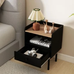 Nachttisch Nachttisch mit Schublade & offenem Ablagefach moderner Sofatisch mit Metallbeinen Schwarz