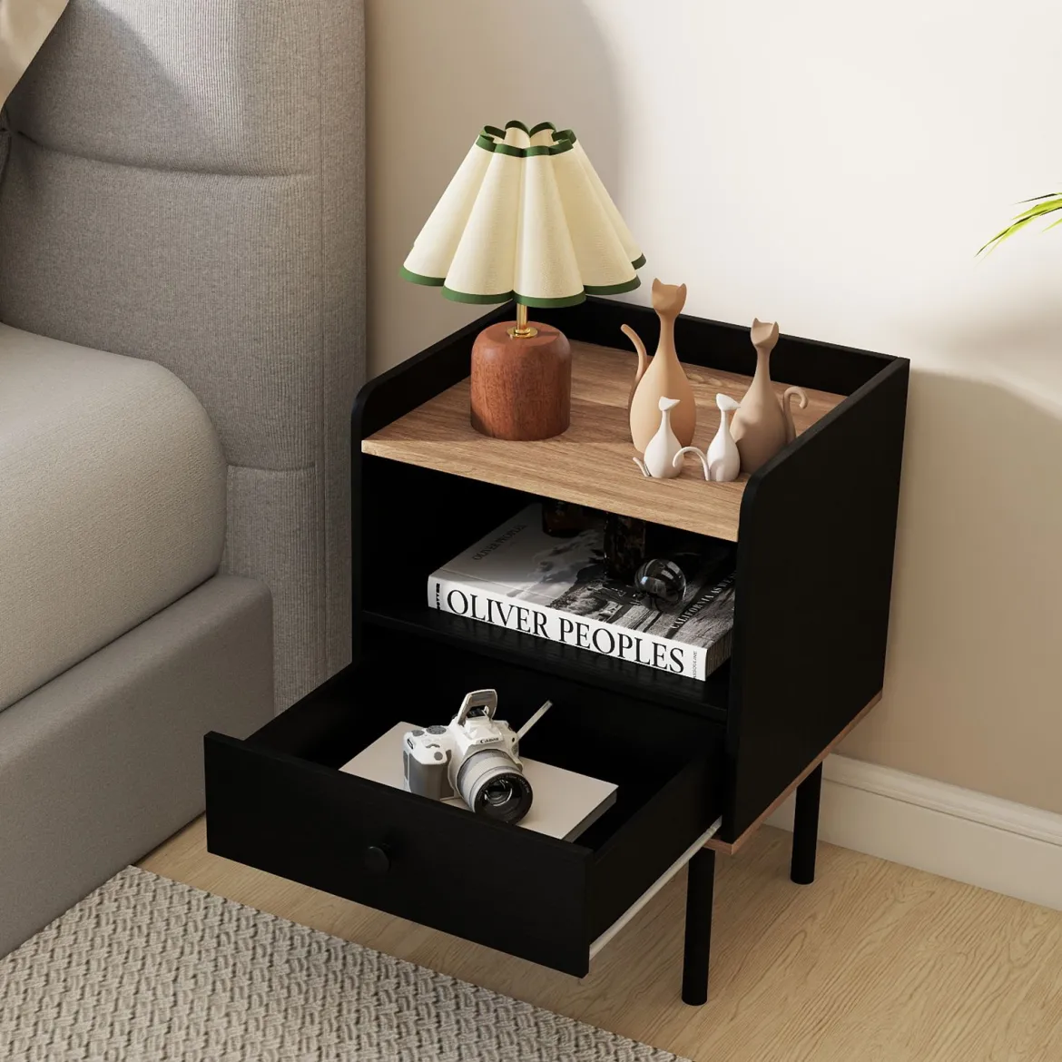 Nachttisch Nachttisch mit Schublade & offenem Ablagefach moderner Sofatisch mit Metallbeinen Schwarz
