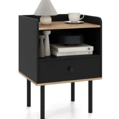 Nachttisch Nachttisch mit Schublade & offenem Ablagefach moderner Sofatisch mit Metallbeinen Schwarz