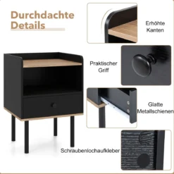 Nachttisch Nachttisch mit Schublade & offenem Ablagefach moderner Sofatisch mit Metallbeinen Schwarz