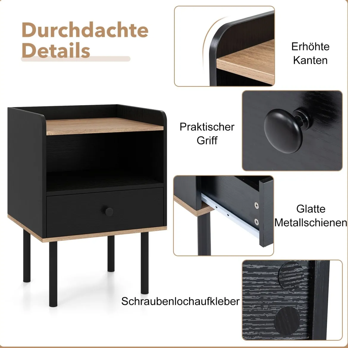 Nachttisch Nachttisch mit Schublade & offenem Ablagefach moderner Sofatisch mit Metallbeinen Schwarz