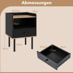 Nachttisch Nachttisch mit Schublade & offenem Ablagefach moderner Sofatisch mit Metallbeinen Schwarz