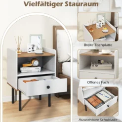 Nachttisch Nachttisch mit Schublade & offenem Ablagefach moderner Sofatisch mit Metallbeinen Weiß