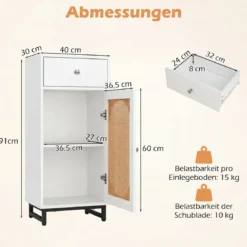 Nachttisch Rattan mit Tür & Schublade Boho Beistelltisch mit Verstellbaren Regal 40 x 30 x 91cm Weiß